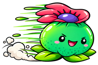 La mascotte d'Avalon Magic Plants, une petite plante verte coiffée d'une fleur rouge, lancée à toute vitesse